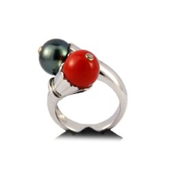 bague jumelle perle corail perle tahiti grise