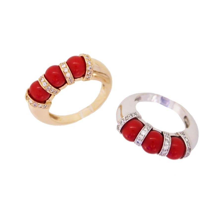 Bague modèle or blanc / jaune 18 carats diamants corail rouge