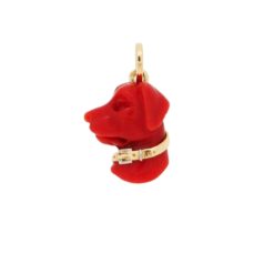 Pendentif tête de chien corail rouge et or jaune (grand modèle)