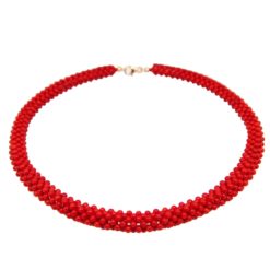 Collier tissé corail rouge fermoir or jaune 18