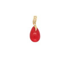 Pendentif goutte en corail rouge, or jaune et diamants.