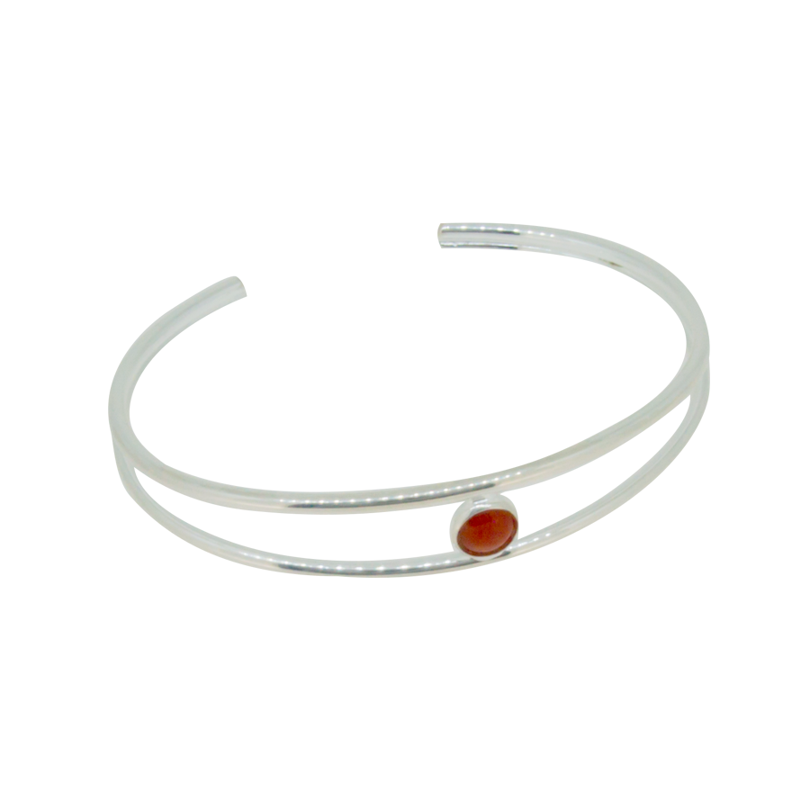 bracelet jonc double fil argent centre un cabochon rond corail rouge