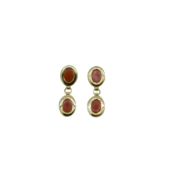 boucles d'oreilles argent doré deux cabochons ovales corail rouge méditerranée