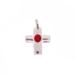 Pendentif croix argent pleine cabochon corail rouge méditerranée