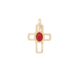 Pendentif croix évidée argent doré et corail rouge.