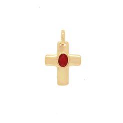 Pendentif croix pleine argent doré et corail rouge