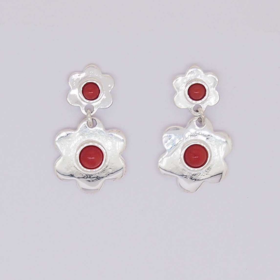 Boucles D'oreilles Fleur Nacre Et Corail Rouge - Argent 925, Fait Main