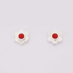 boucles d'oreilles fleur argent avec cabochons rond corail rouge méditerranée