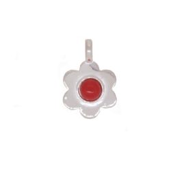 pendentif fleur argent cabochon rond corail rouge de méditerranée grande taille