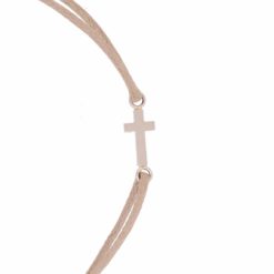bracelet cordon beige croix or blanc