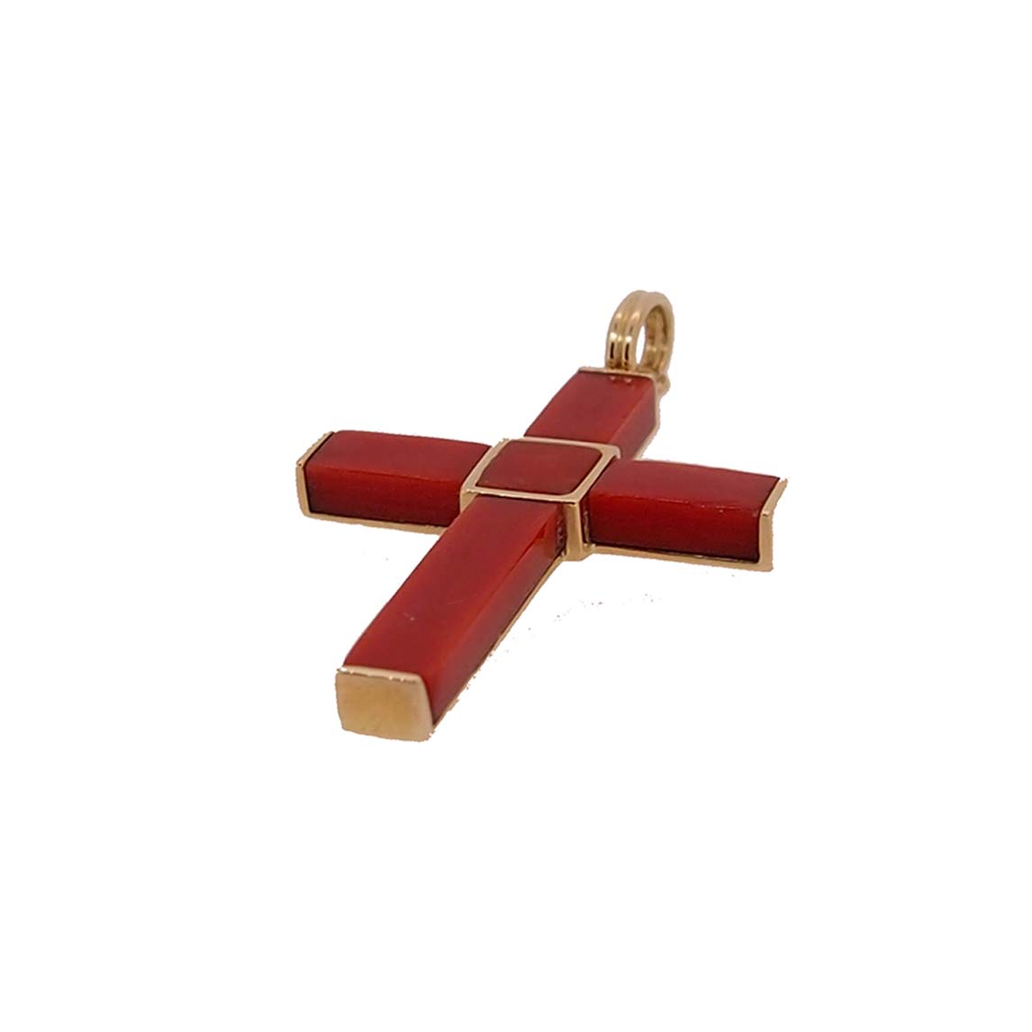 pendentif croix or jaune et rectangle en corail rouge de méditerranée