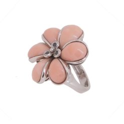 Bague fleur or blanc 18k et corail rose.