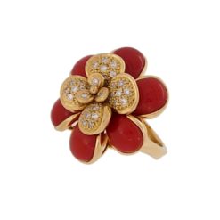 Bague fleur or jaune 18k et corail rouge Méditerranée