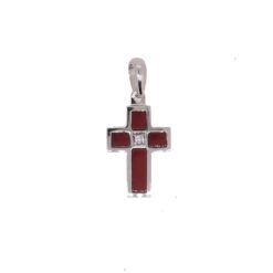 Pendentif or blanc 18k croix corail rouge méditerranée corse et diamants