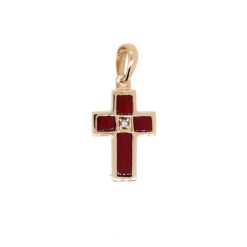 Pendentif or jaune 18k croix corail rouge méditerranée corse et diamants