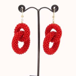 Boucles d'oreilles or jaune 18k double anneau corail rouge méditerranée perles tissées