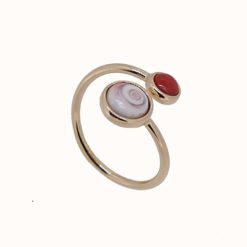 Bague jumelle en argent doré corail rouge et oeil sainte Lucie