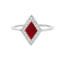 Bague losange or blanc 18k, diamants et corail rouge.