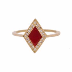 bague or jaune 18k diamants et losange corail rouge de méditerranée corse