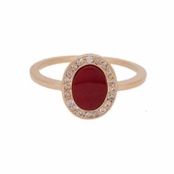 Bague ovale or jaune 18k diamants et corail rouge méditerranée