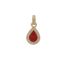 Pendentif goutte or jaune 18k diamants et corail rouge de méditerranée