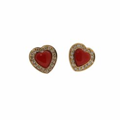 Boucles d'oreilles or jaune 18k (2.35gr) cœur corail rouge et diamants (0.50ct)