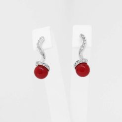 Boucles d'oreilles or blanc 18k diamants et perles corail rouge méditerranée