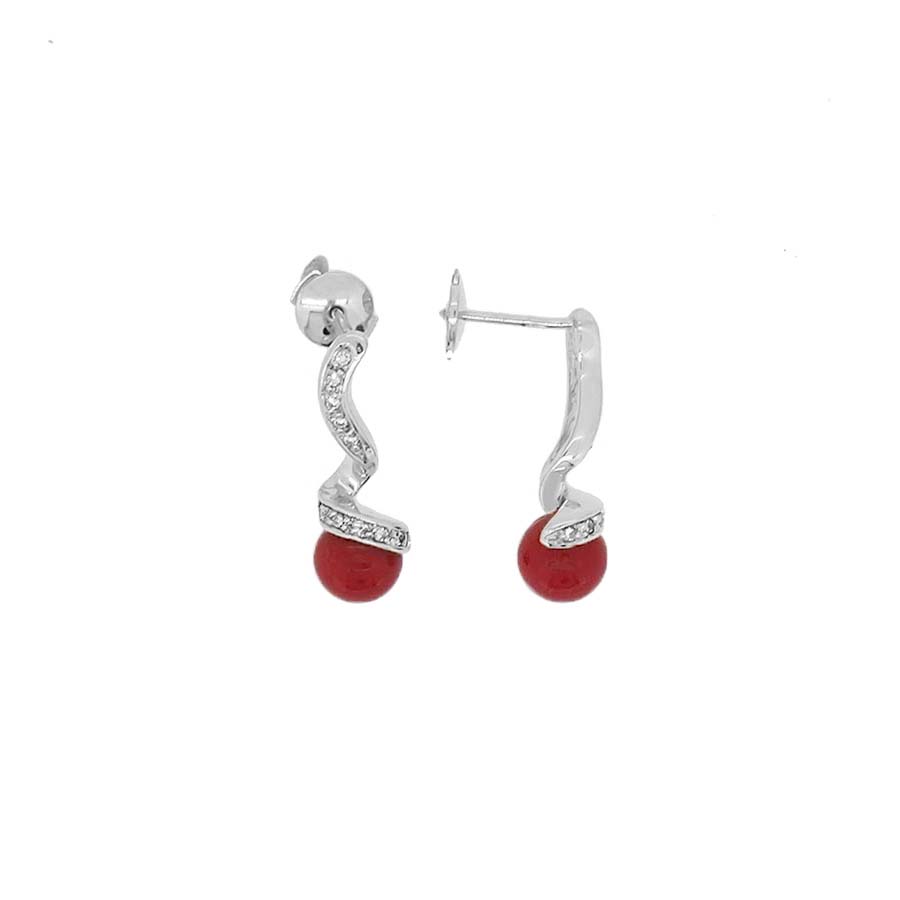 Boucles d'oreilles or blanc 18k diamants et perles corail rouge méditerranée