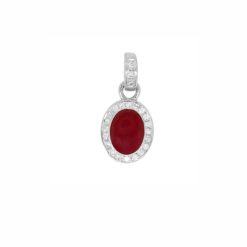 Pendentif ovale or blanc 18k diamants et corail rouge méditerranée