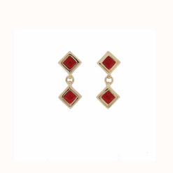 Boucles d'oreilles argent doré 2 carrés corail rouge méditerranée