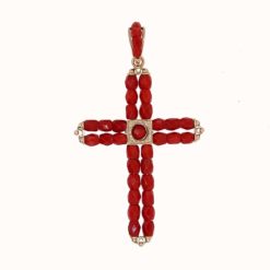 Pendentif croix antiques perles facetées corail rouge de méditerranée corse monture en or jaune 18k