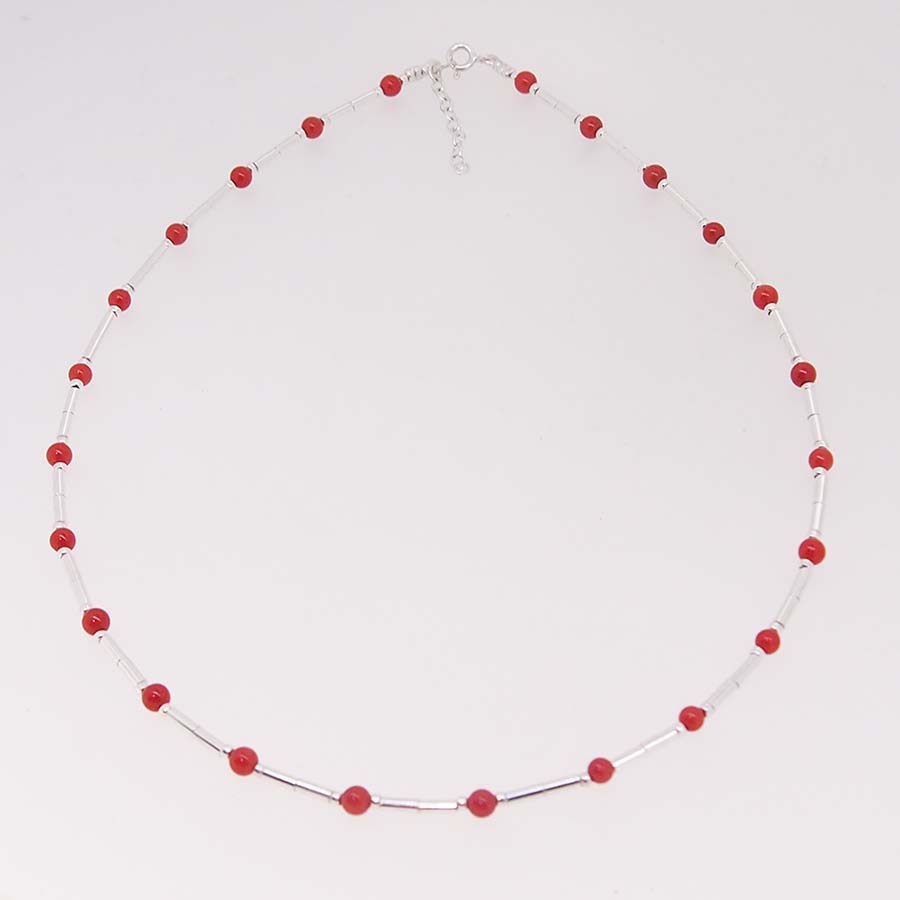 Collier tubes d'argent et perles de corail rouge - La Taillerie Du Corail