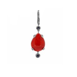 Pendentif goutte corail rouge diamants saphir sur or blanc 18k