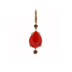 Pendentif goutte corail rouge diamants saphir sur or jaune 18k