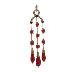 Pampilles gouttes de corail rouge, diamants et saphirs sur or jaune 18 k