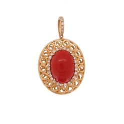 Pendentif cage or rose 18k et corail ovale rouge de Méditerranée