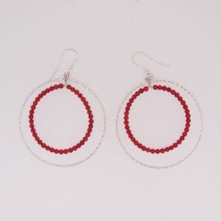 Boucles d'oreilles double anneaux ronds et perles corail rouge de méditerranée