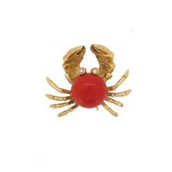 Broche or jaune 18k cabochon corail rouge méditerranée yeux en diamant