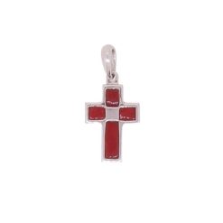 croix en pendentif or blanc 18k avec encastrement corail rouge de corse de méditerranée