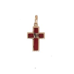 Pendentif croix or jaune 18k et corail rouge de méditerranée de corse