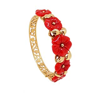 Bracelet or jaune 18k fleurs sculptées en corail rouge de corse