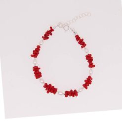 Bracelet alterné coupoline corail rouge de méditerranée perles eau douce fermoir et chainette argent