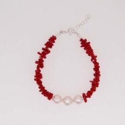 Bracelet corail rouge, perles d'eau douce et argent