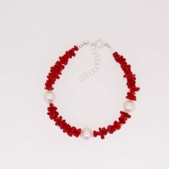 bracelet corail rouge de méditerranée et perles eau douce fermoir anneau ressort argent