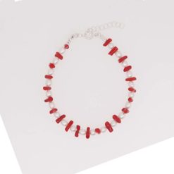 Bracelet coupoline corail rouge de méditerranée perles eau douce fermoir et chainette argent