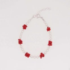 Bracelet été corail rouge de méditerranée perles eau douce fermoir et chainette argent