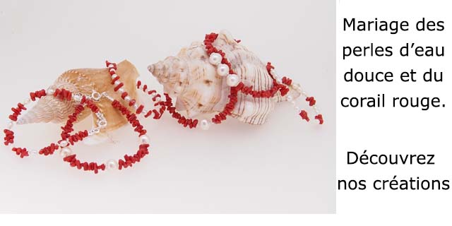bracelet perles eau douce et pointe corail rouge de méditerranée chaine et fermoir argent