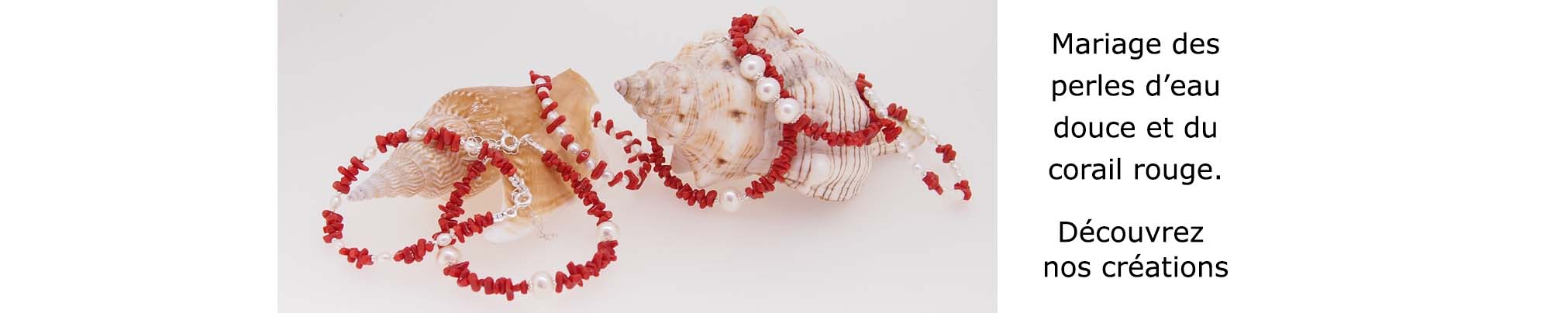 bracelet perles eau douce et pointe corail rouge de méditerranée chaine et fermoir argent