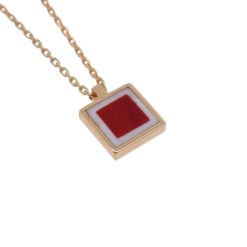 Collier argent doré motif carré corail rouge et coquillage blanc