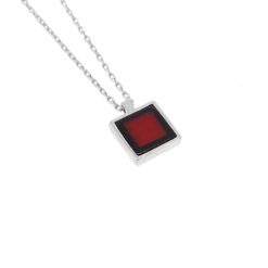 Collier argent motif carré corail rouge méditerranée corse et marbre noire